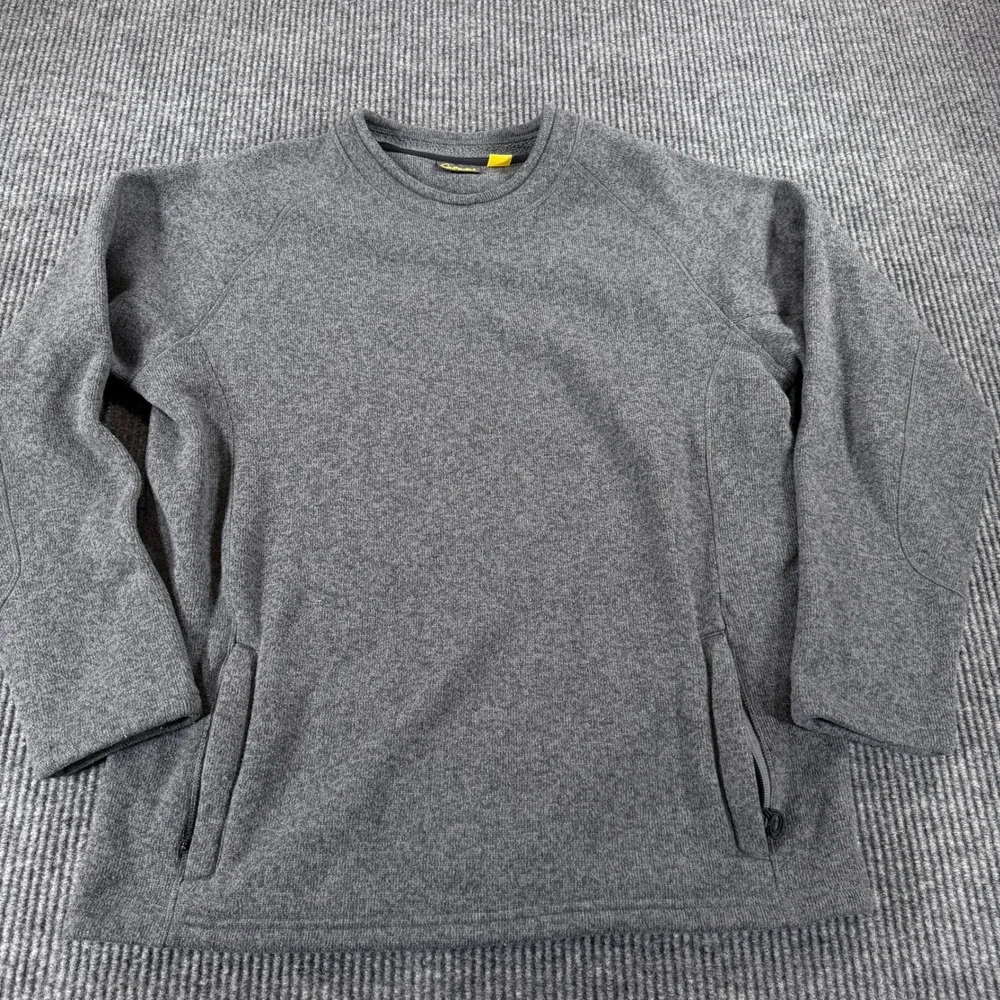 Cabelas Sweater Fleece Pullover Crew Neck Mens L Gray Raglan Sleeve Pockets